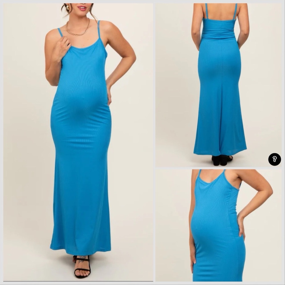 Aqua Ribbed Fitted Maternity Maxi Dress